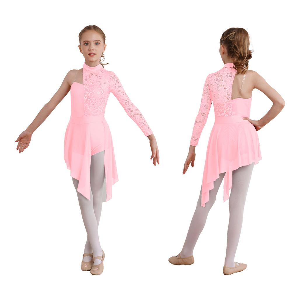 Child Girls Lyrical Dance Dress Ballroom Dancing Costumes Gymnastics Leotard with Asymmetrical Skirt for Figure Skating Dance Wear