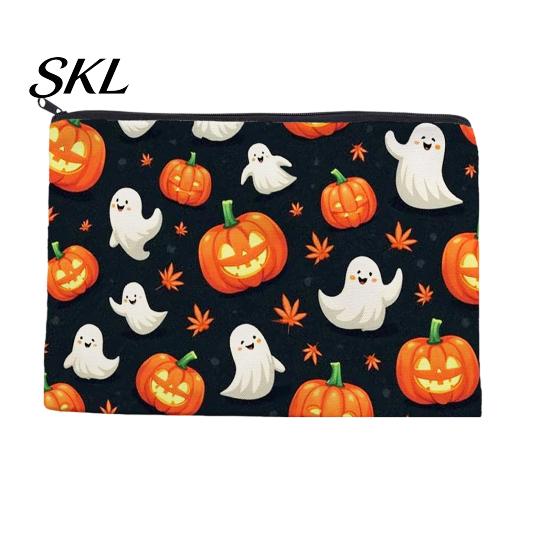 Spill-proof Zippered Travel Bag Halloween Storage Bag, with Pumpkin Ghost Print, Durable Canvas Castle Makeup Pouch Large Capacity Pouch, for