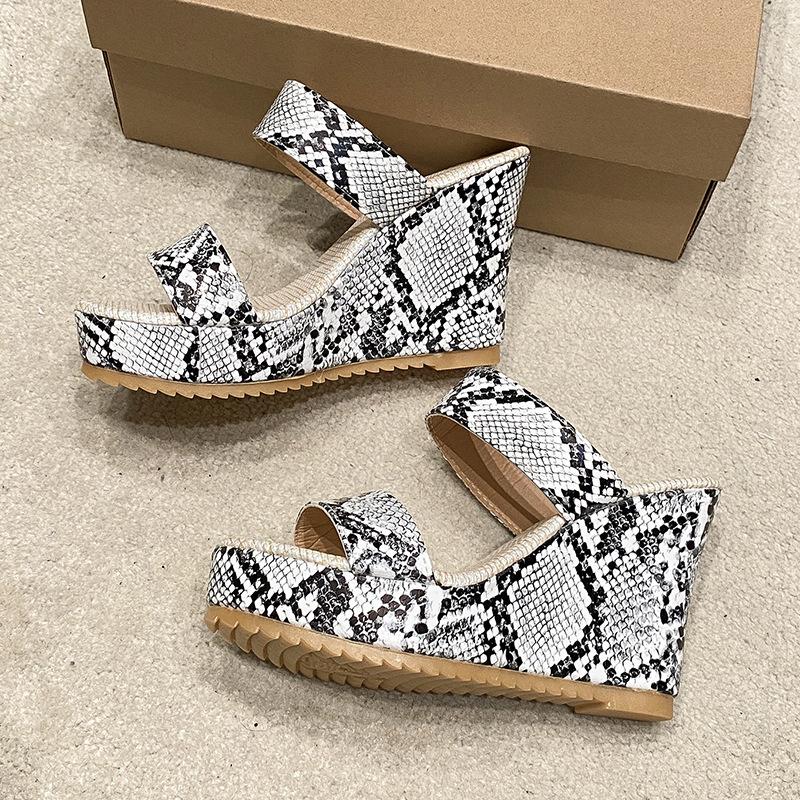 

New stylish and simple snake pattern high-heeled slippers wedge heel thick-bottomed water table muffin women s shoes printed cool slippers women 42 белый