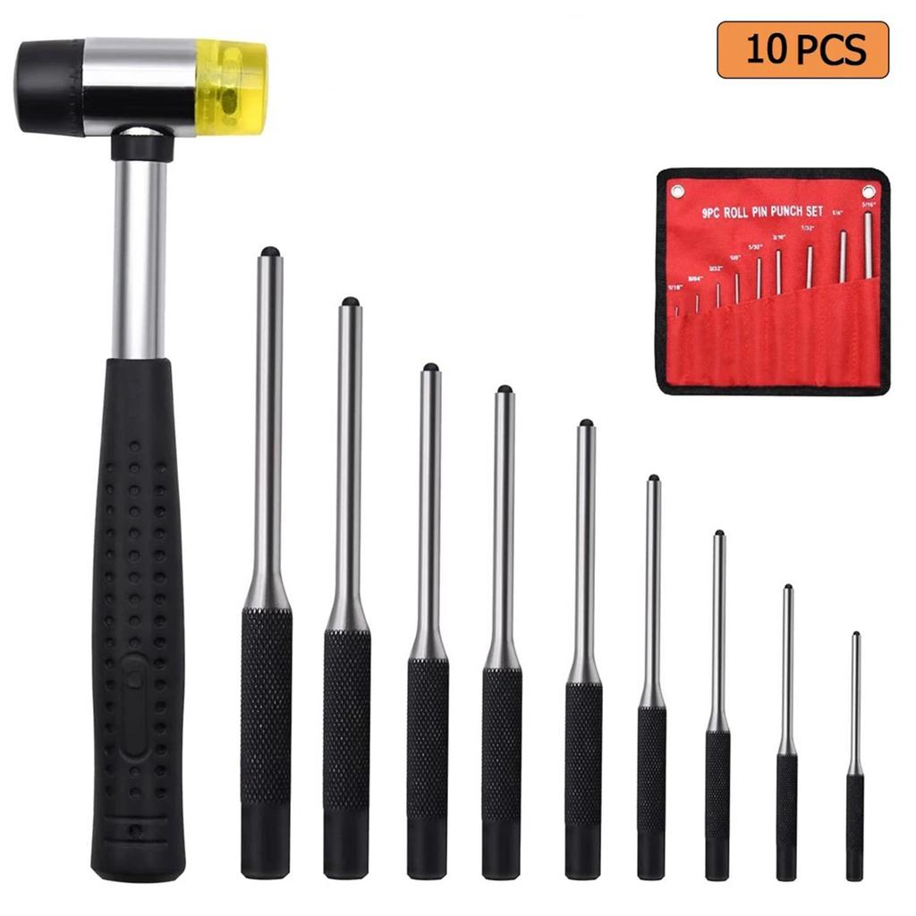 9PCS/Set Punch Removing Repair Tools Roll Pin Punch Set Multi-Size Steel with Bench Block Pin Punches and Hammer Car Accessory