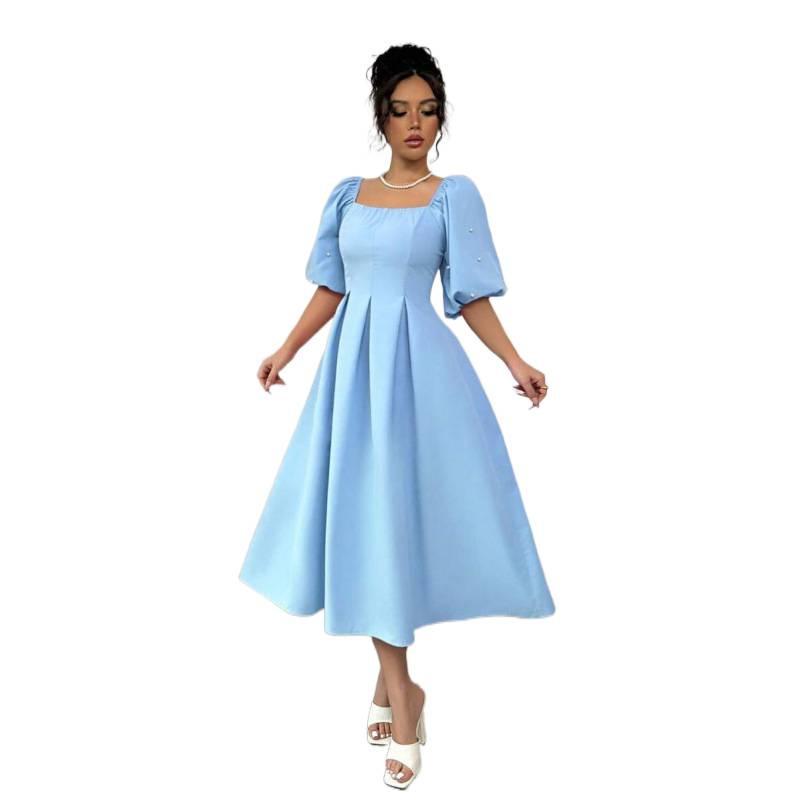 Europe, America 2026 summer new fashion temperament design square neck bubble sleeve bubble puff dress