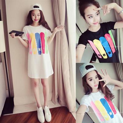 Neue Sommer Koreanischen Stil Lose Gedruckt Rundhals Student Kurzarm T-shirt Frauen Mittellanges Kleid frauen Kleidung