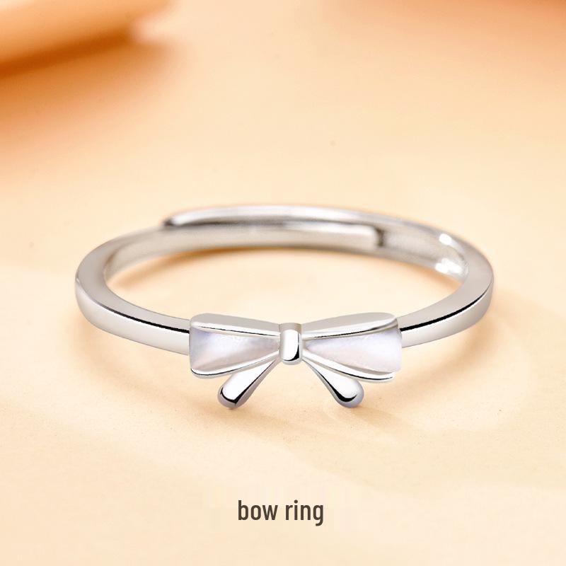 S925 Sterling Silver Mother-of-Pearl Bow Ring, Adjustable Pinky or Index Finger Design, Trendy and Fresh Style.
