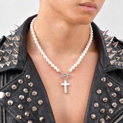 Vnox Stainless Steel Cross Pendant Necklace for Men Women, Imitation Pearl Beaded Chain Collar, Religion Faith Prayer Jewelry
