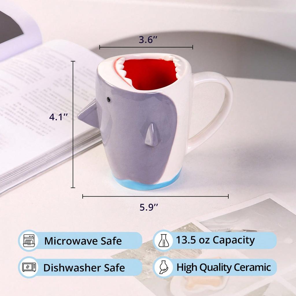 13,5 oz Lustige Hai Keramik Kaffeetasse, Niedliche Grau Weiße Cartoon Handgefertigte Figur Teetasse Neuheit Kaffeetasse mit Henkel für Feiertags- Geburtstagsgeschenke
