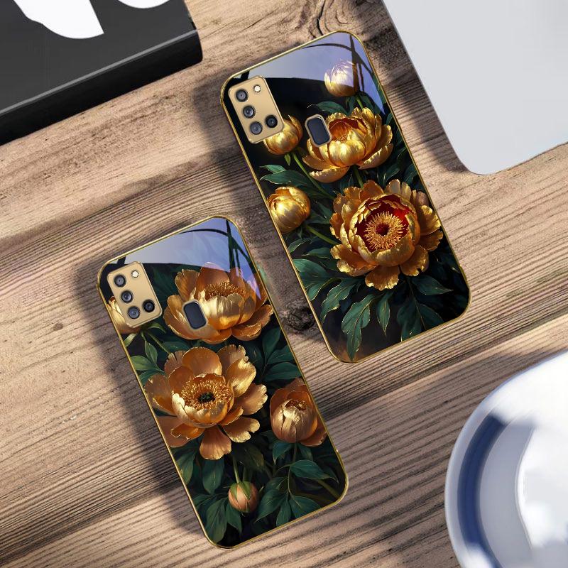 Prosperous Golden Peony For Samsung A 31 32 A33 A34 35 14 A15 13 16 25 26 50 52 53 54 55 56 70 71 72 73 Golden glass phone case