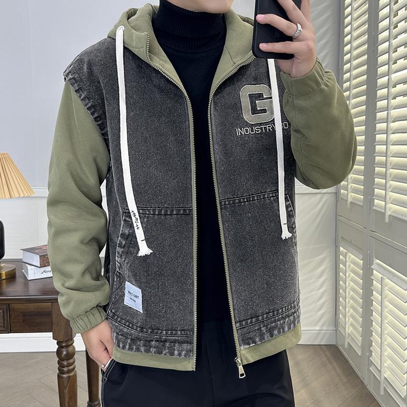 Denim Jacket Men's Autumn and Winter Teenage Students Daily Casual Denim Fake Two-piece Hooded Jacket Plus Velvet