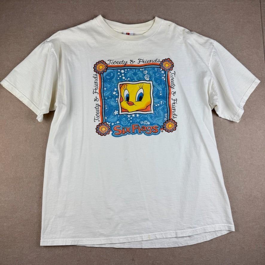 Vintage 1999 Six Flags Tweety Bird Shirt Mens L Cream Warner Bros Graphic Tee Unisex T-Shirt