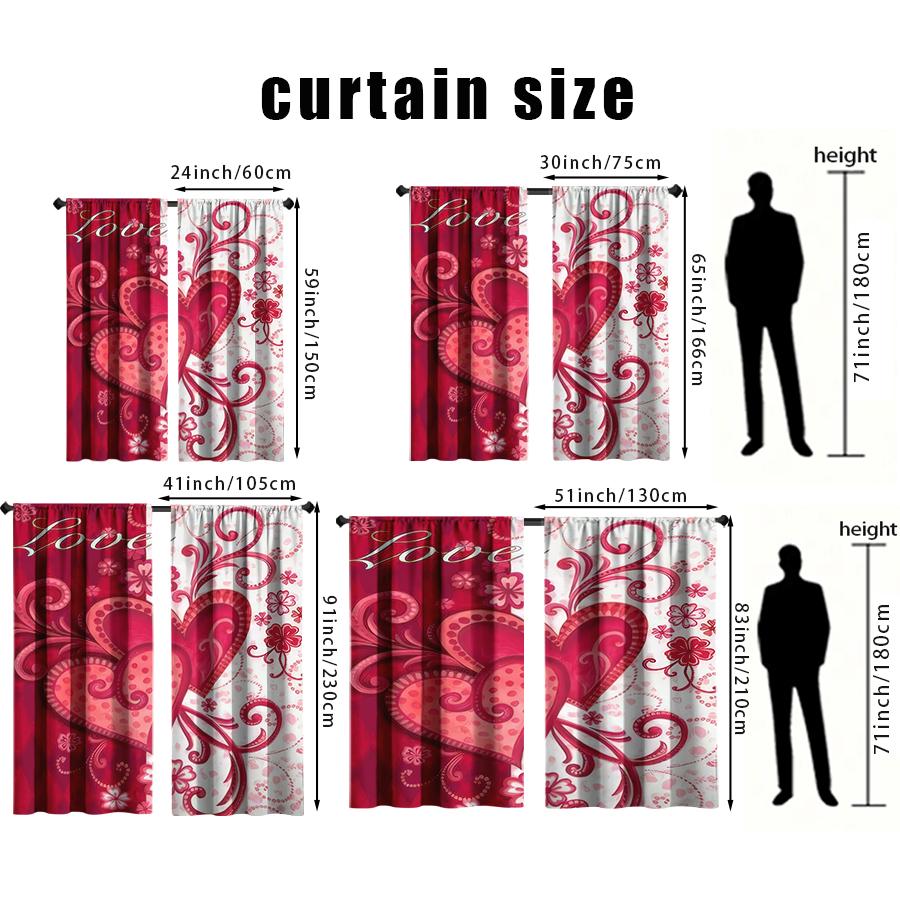 2PCS Red and White Love Curtains, Romantic Style, Bedroom and Living Room, Drawbar Pocket Decorative Curtains
