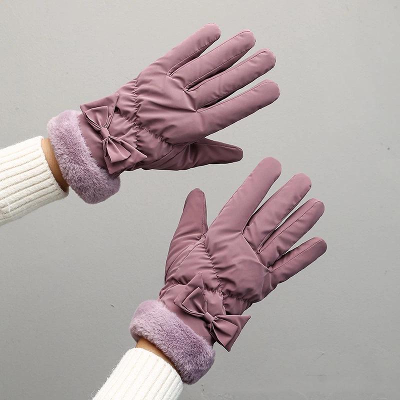 Ski Gloves Women Winter Fleece Thickened Warm Plush Cotton Waterproof Touch-Screen Gloves For Outdoor Riding Mountaineering