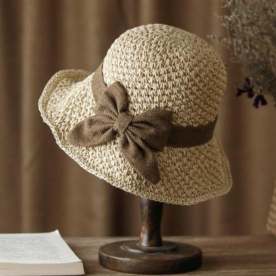 Straw Hat Hand-Knitted Natural Straw Wide Brim UV Protection Foldable Hat Bow Decor Portable Beach Sun Hat