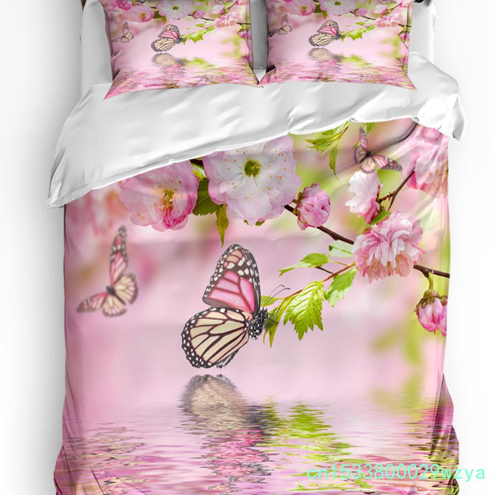 Pink Girl Flower Butterfly Duvet Cover Bed Bedding Set Home Textile Quilt Cover Pillowcases Bedroom Double Bedding Set No Sheet