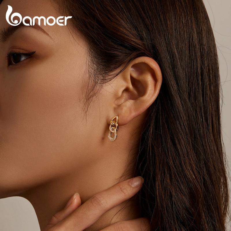 BAMOER 925 Sterling Silver New Trendy Earrings Plated Gold Personality Chain-Shaped Drop Earrings Women Statement Jewelry Gift