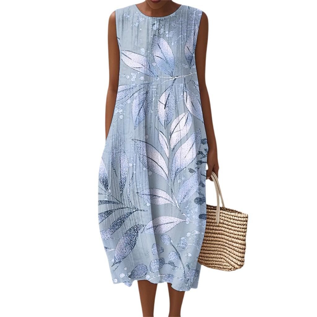 Women's Fashion Casual Sleeveless Round Neck Floral Elegant Temperament Dress