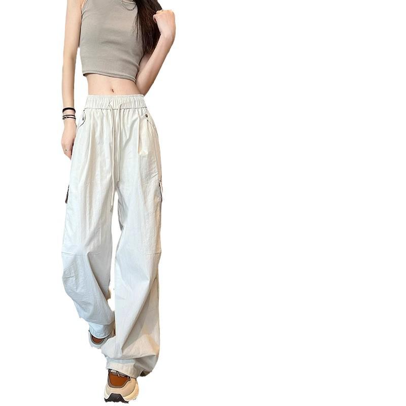 Women's High-Waist Apricot Cargo Pants - Petite Wide-Leg, Spring/Autumn, Casual American Sports Style.