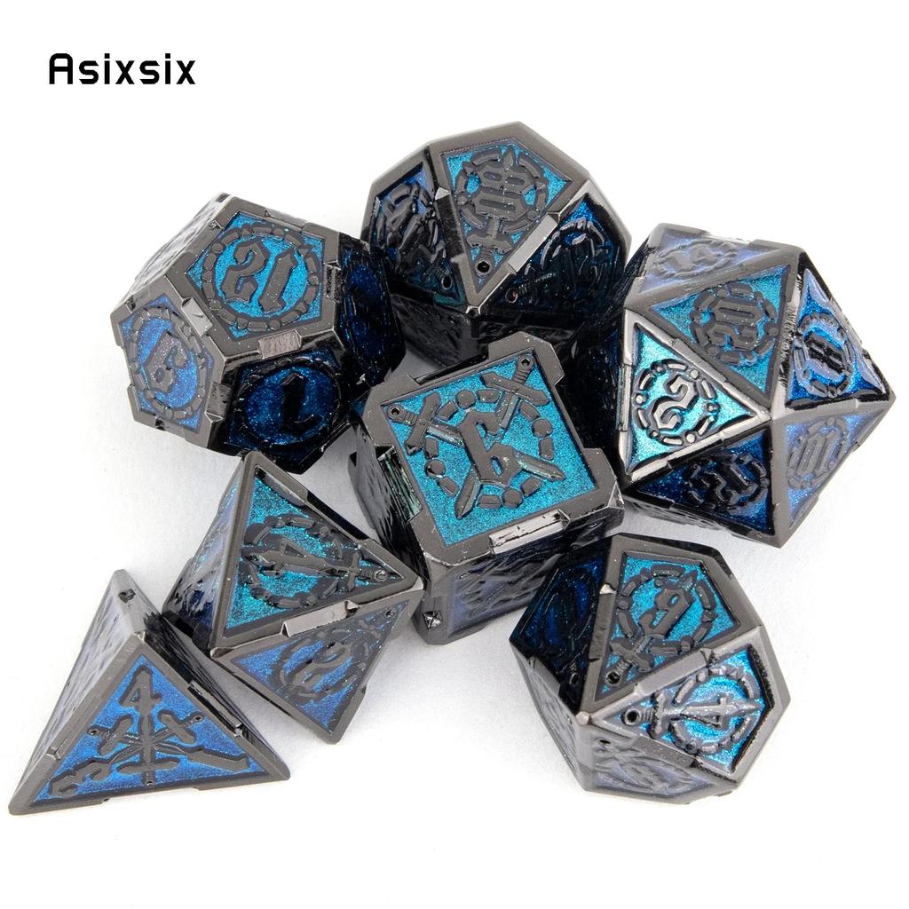 7 Pcs Blue Silver Double Swords Metal Dice Solid Polyhedral Dice Set Suitable For Role-Playing Dice PropBoard Game