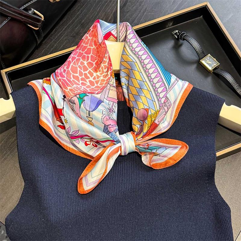 New 100% Real Silk Satin Women Scarf  Flower Printed Foulard Femme Square Head Scarfs Bandana Shawl For Lady Hijab