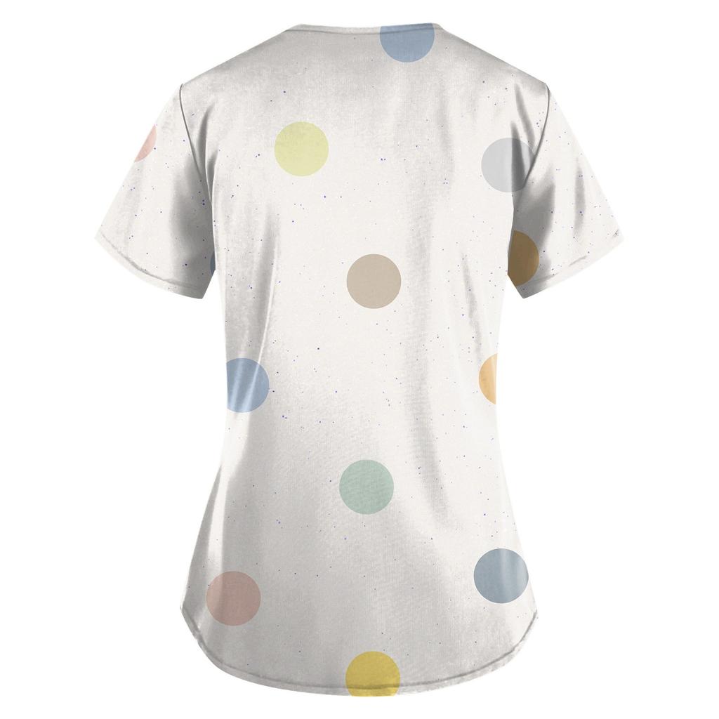Women Fashion Spring And Summer Oil Painting Print V-neck Short Sleeve Workwear With Pockets Tops