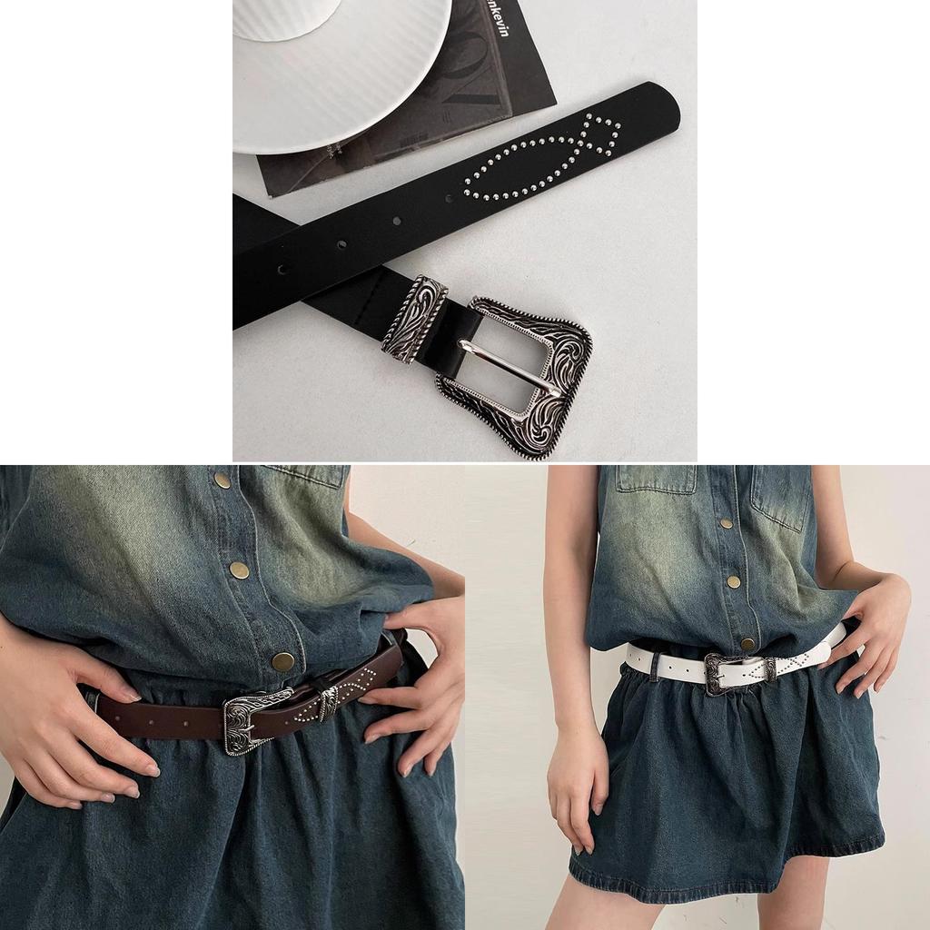 Retro American Style Pu Leather Belt For Women With Square Metal Buckle For Punk Fashion