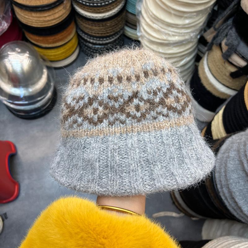 Retro jacquard knitted bucket hat women's autumn and winter new small face warm wool basin hat casual bucket hat