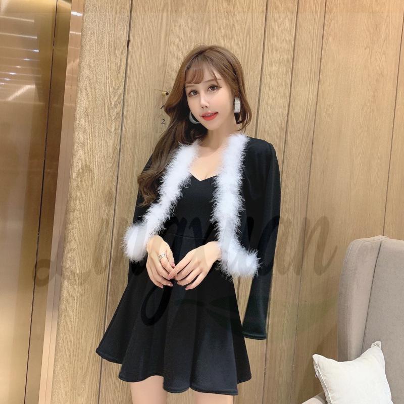 

Stylish Fur Collar Camisole & Strapless Dress Nightclub Set Large чорний