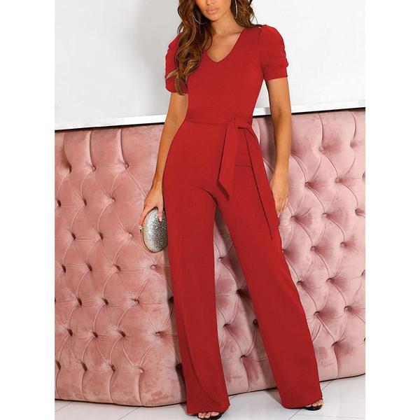 Damen Jumpsuit mit kurzen Ärmeln, V-Ausschnitt, hoher Taille, einfarbig, lässig, weites Bein, mit Gürtel