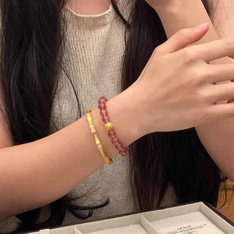 High-End Natural Strawberry Quartz Beaded Bracelet with Gold Accent - Women's Jewelry for Wealth and Luck