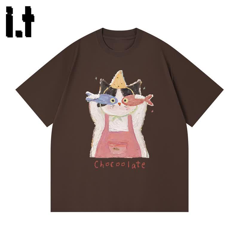CHOCOOLATEit Unisex Cartoon Cat Print Short Sleeve T-Shirt 2XL