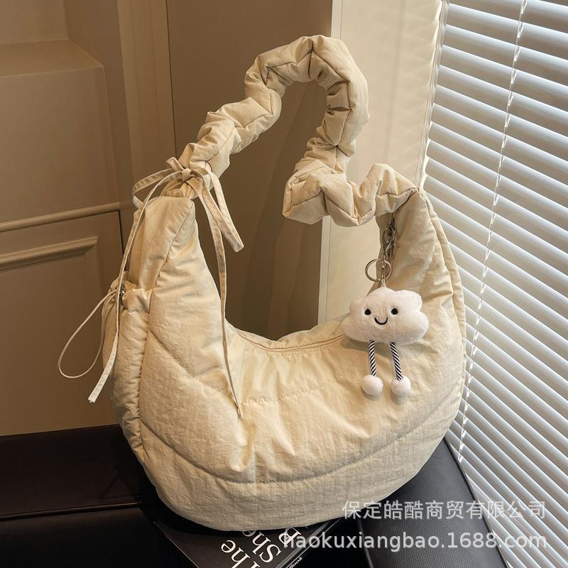 Nylon Cloth Down Cotton Clothes Bag Women's Autumn and Winter Casual Pleated Shoulder Bag Large Capacity Commuter Messenger Tote Bag