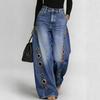 Damen High Waist Weite Beine Jeans Lockerer Schnitt Vintage Ösen Loch Denim Hose Elegante Lässige Hose