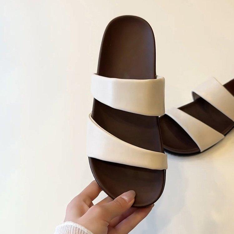 Soft Leather Version~ Summer New Niche Thick-soled One-word Cool Slippers for Women's Outer Wear Cover-toe Casual Beach Flat-bottomed Slippers for W