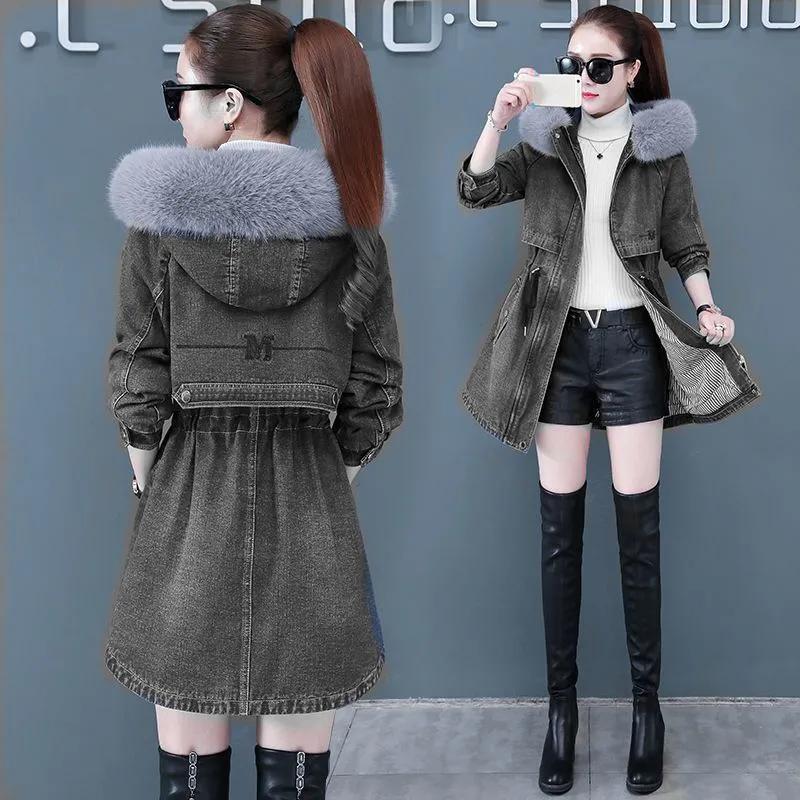 Women's Hooded Denim Jacket Thickened Loose Casual Warm Top Long Sleeve Winter Jacket