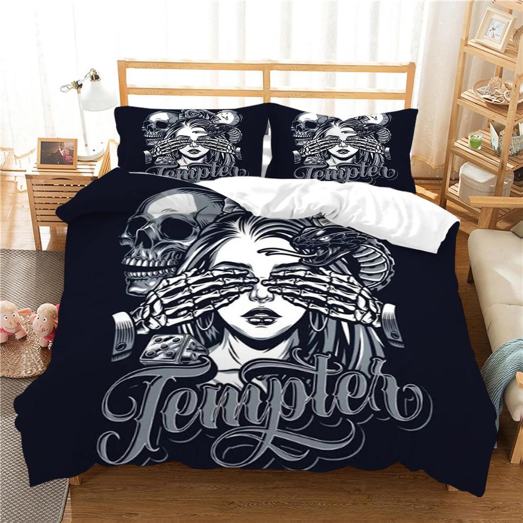 Design-Bettbezug-Set, 3D-Schädel-Druck, Bettwäsche-Set, cooler Bettbezug, Polyester-Bettbezug, King-Size-Queen-Size-Bettwäsche