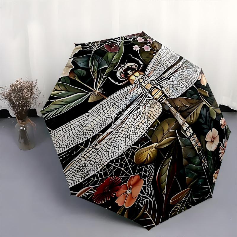 1pc Dragonfly Flowers umbrella with 8 iron ribs and a plastic handle, automatic opening and closing, and daily use.1044