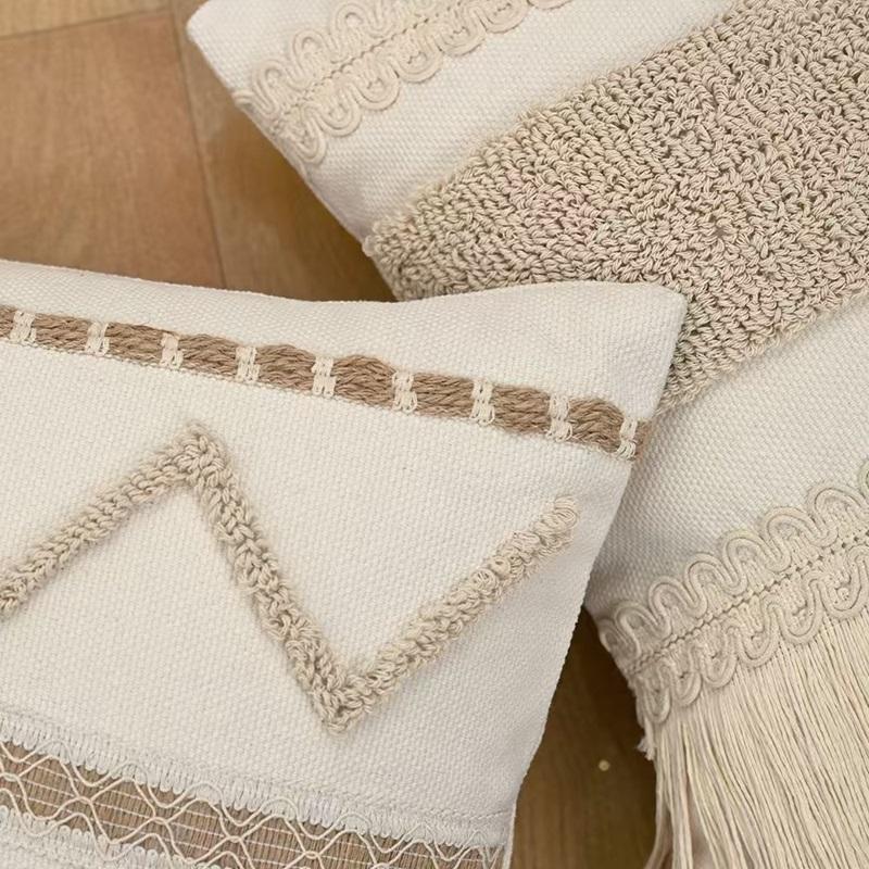 Bohemian Baumwoll-Leinen Bauernhaus Kissenbezug Webspitze Quaste Kissenhülle Bettkopf Sofa Kissenbezug Heimdekoration 45×45CM