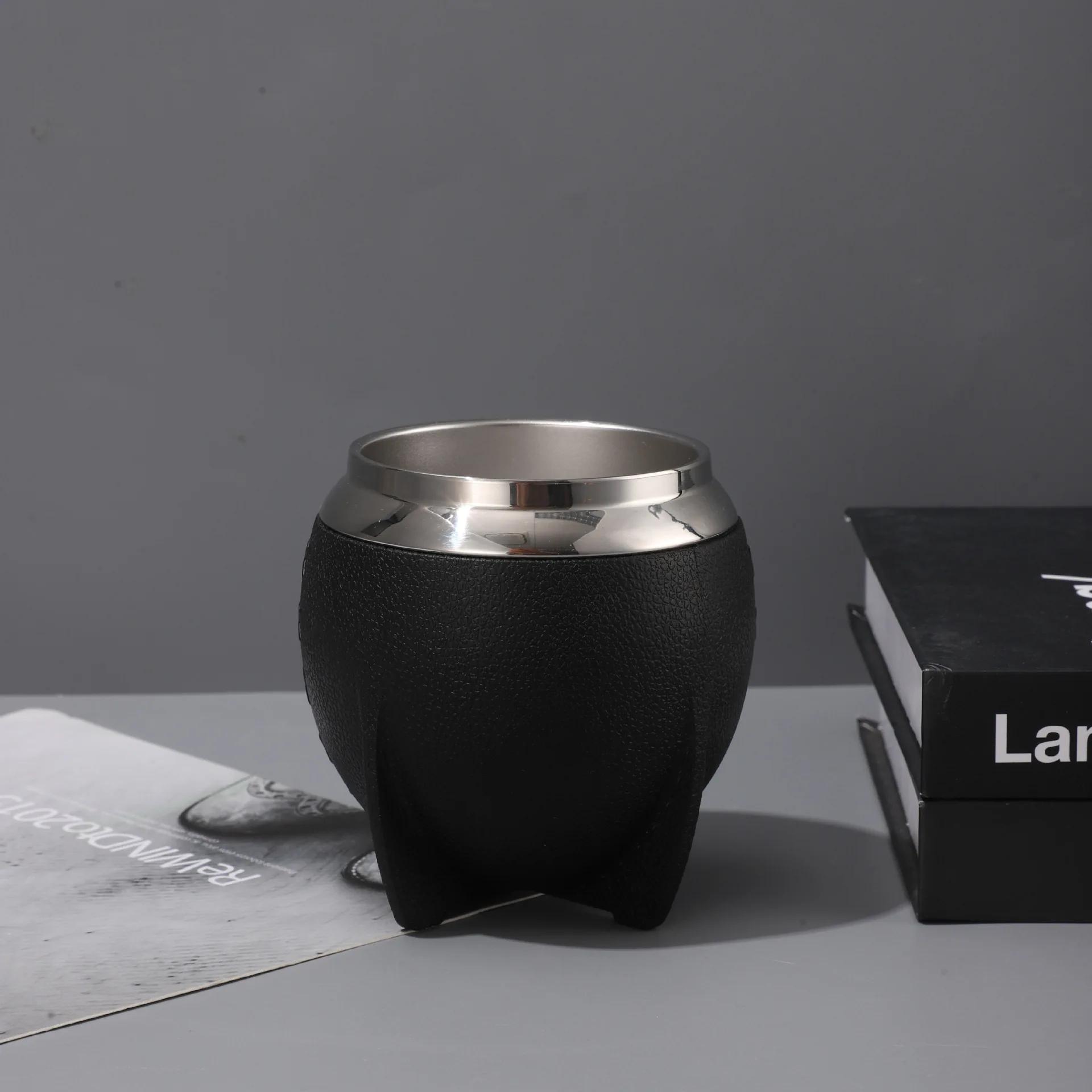 

Кружка для мате из нержавеющей стали с крышкой, похожей на кожу, двухслойная, модная, креативная, для воды 280ml чёрный