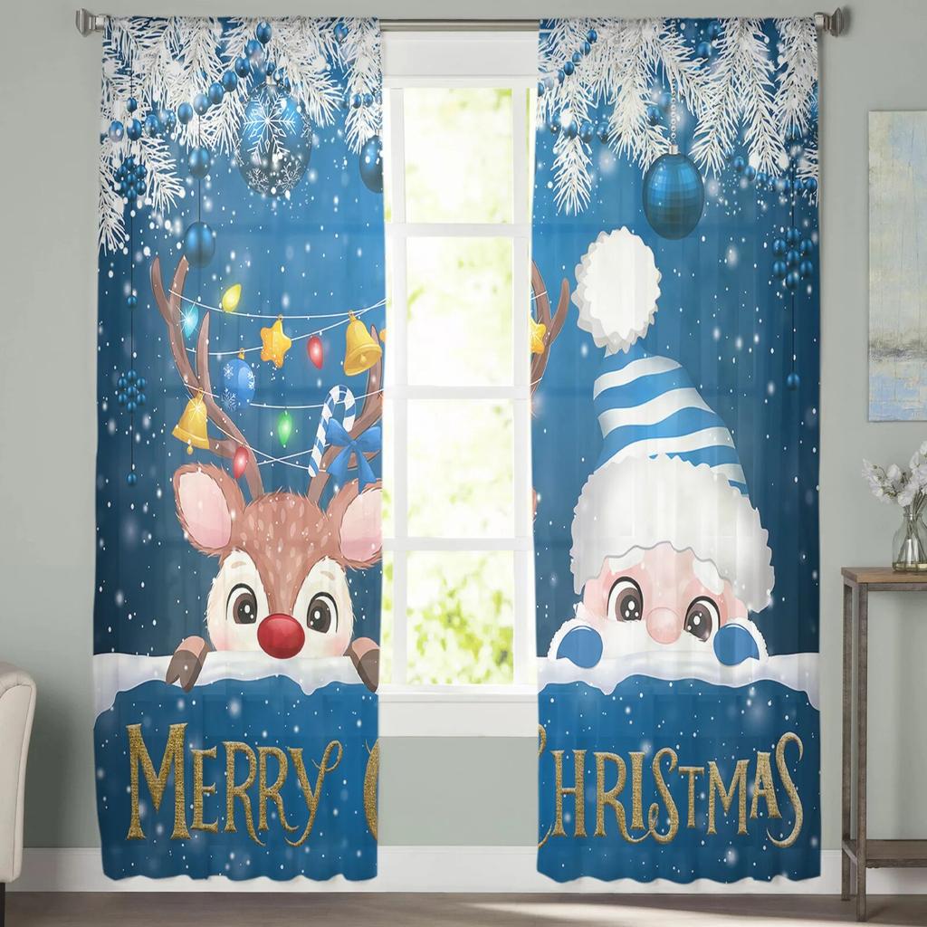 Christmas Red Santa Claus Elk Ball Lantern TCurtains For Living Room Bedroom Kitchen Decoration Window Tulle Curtain