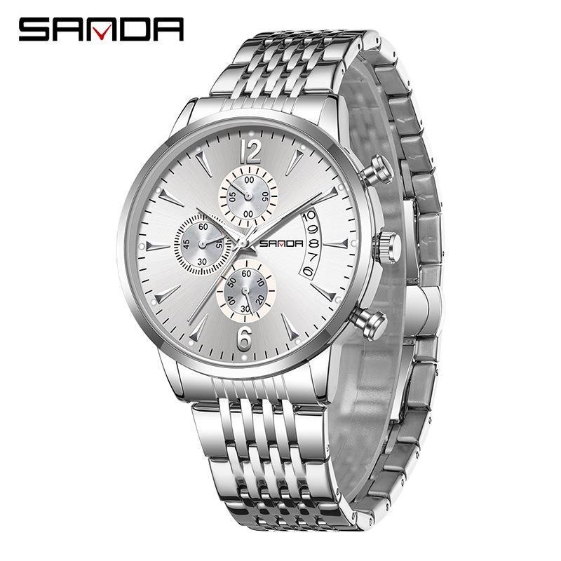 SANDA Fashion Men Chronograph Wristwatches Stainless Steel Waterproof Luminous Man Watch Date Quartz Business Men's Watches
