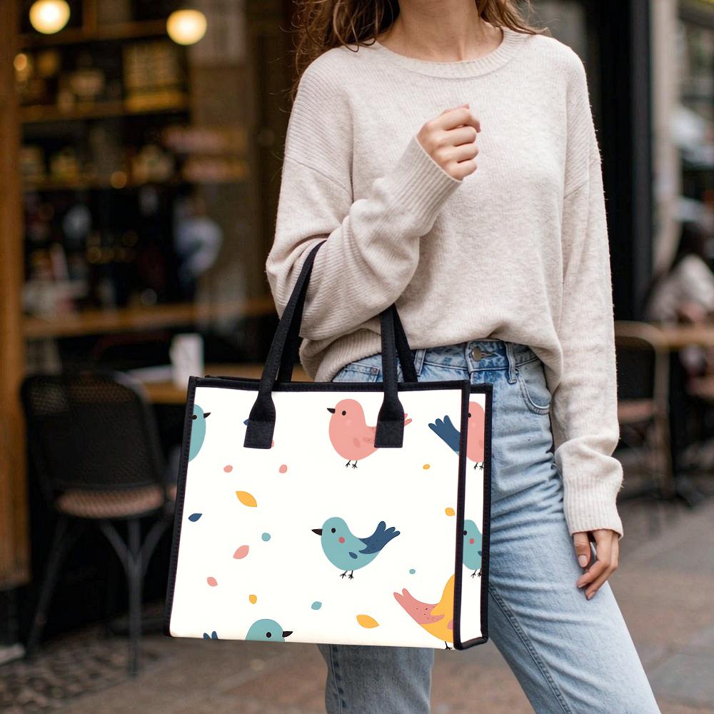 Cute Bird Printed Canvas Tote Bag Portable Daily Shopping Handbag for Women Casual Outdoor Use