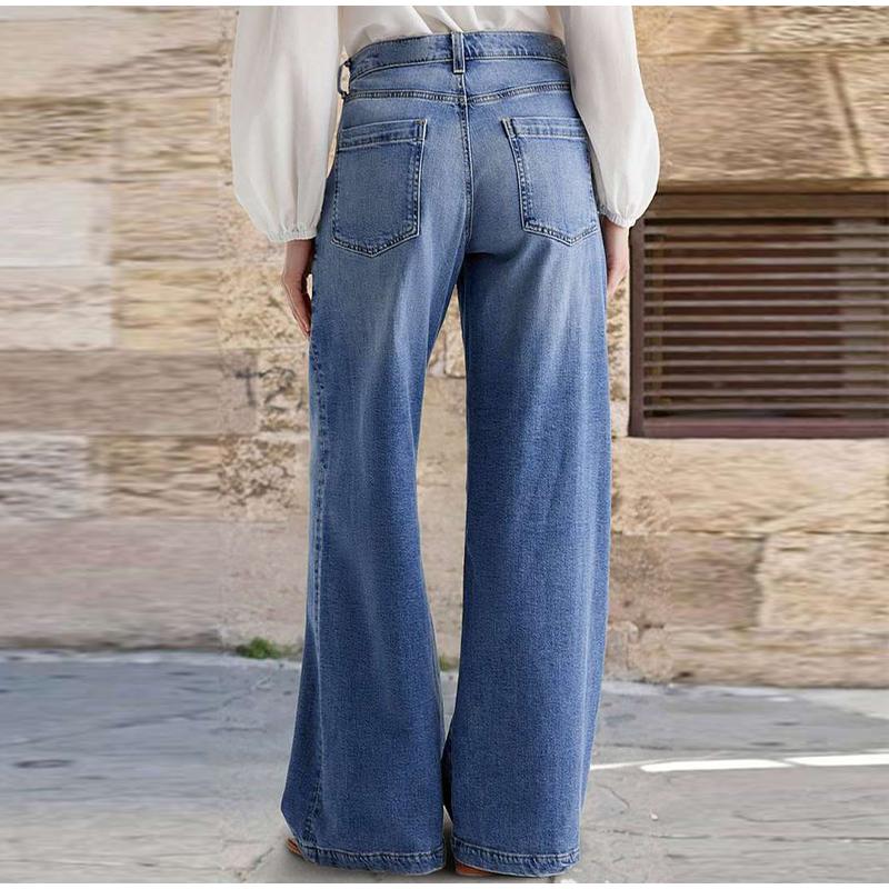 Spring New Women Vintage Street Straight Leg Jeans Loose Button Pocket Washed Denim Wide Leg Pants High Waist Casual Jeans 2026