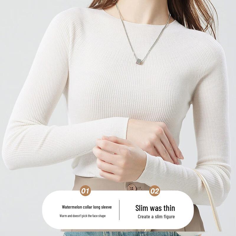 Fengxun Women's Seamless 100% Wool Round Neck Sweater