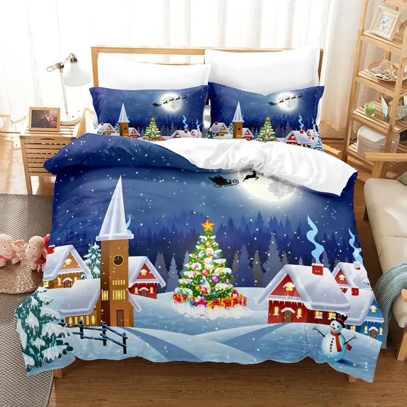 Comforter Cartoon Snowman Santa Claus Christmas Tree Bedding Set Microfiber Twin King Comforter For Boys Girls Gift