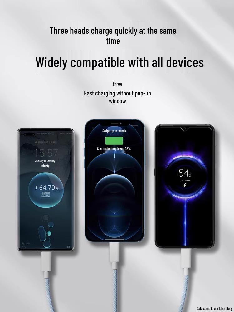 Multi-Head 3-in-1 Fast Charging Cable: 120W for Home, 66W for Car, Compatible with Apple Devices.