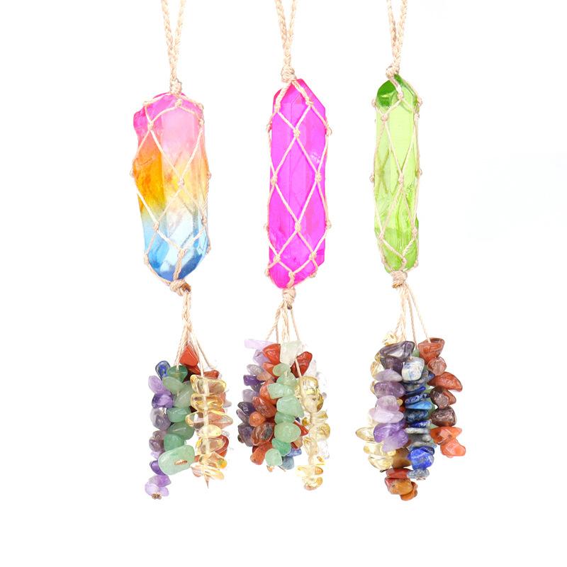 Natural Crystal Column Woven Mesh Pocket Pendant Car Hanging Bag Accessories G15