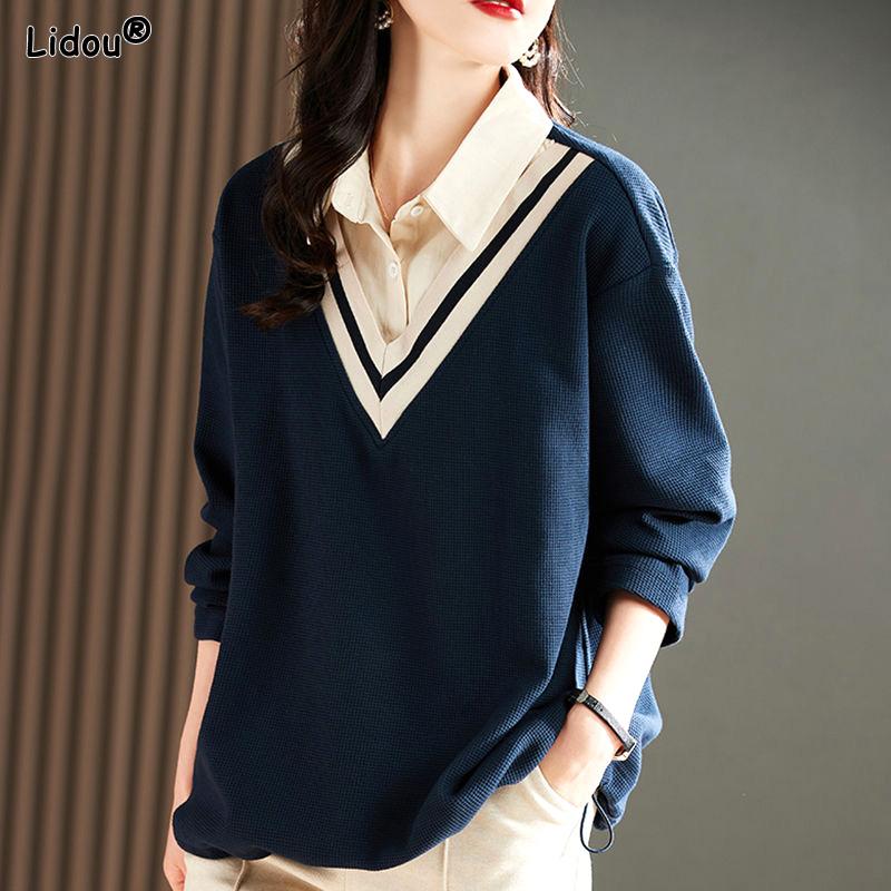 

Женская одежда Однотонные Свободные Футболки Отложной Воротник Пуговицы Пэчворк Осень Зима Тонкие Стиль Преппи Повседневные Удобные XXL темно-синий