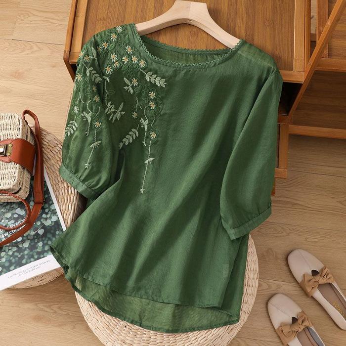 

Женские вышитые хлопково-льняные блузки свободного кроя с коротким рукавом, футболка в стиле ретро, приталенные рубашки с круглым вырезом M зелёный