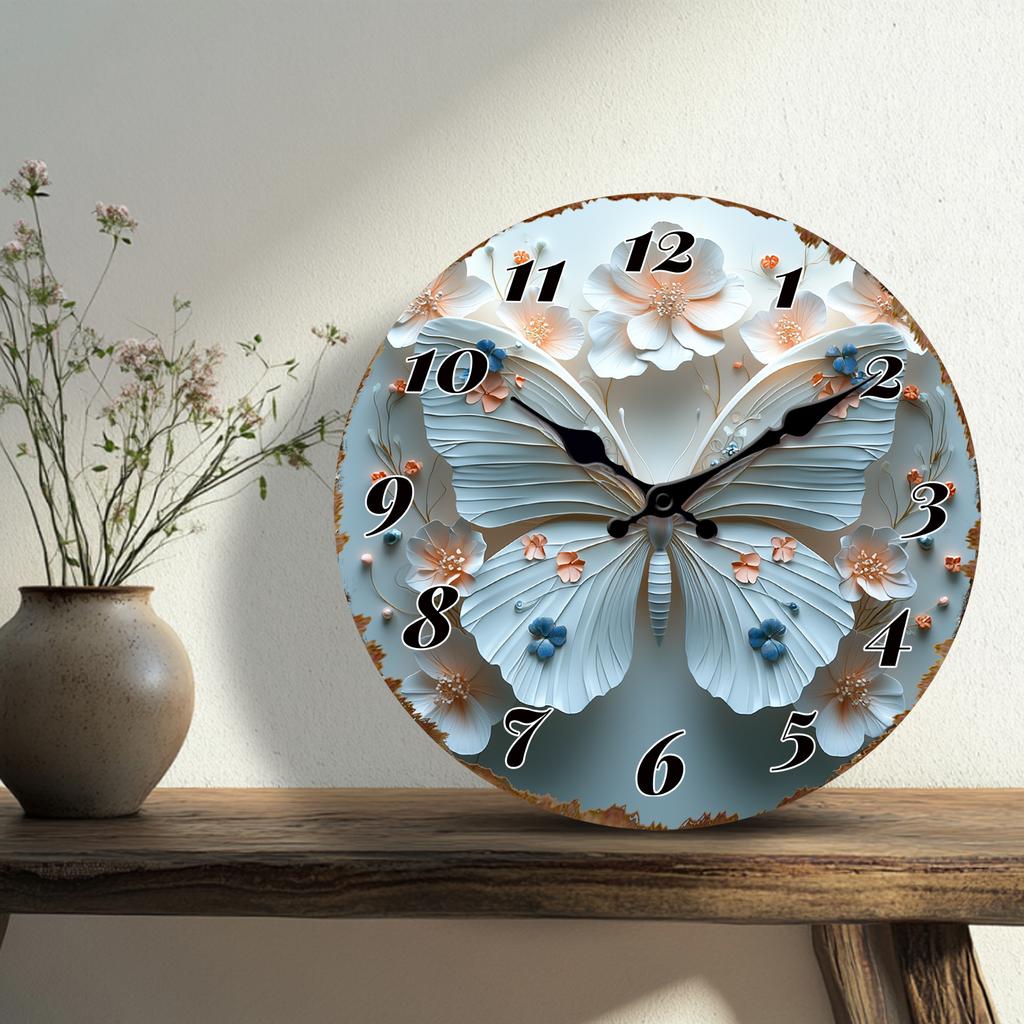 3D Butterfly Floral Wall Clock, Elegant Blue Flower and Insect Design Round Timepiece, Decorative Home Kitchen Office Hang Clock