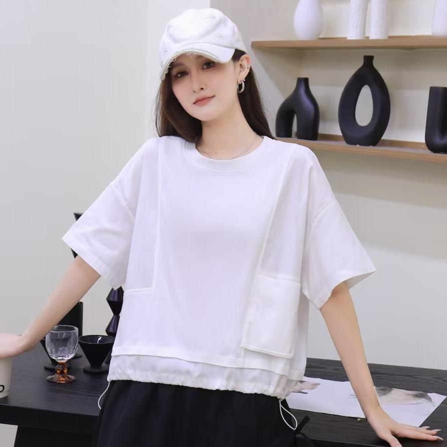 

DIMANAF 2025 Летняя однотонная футболка больших размеров Женская с карманами, с коротким рукавом, на длинных пуговицах, свободные топы, футболки One Size