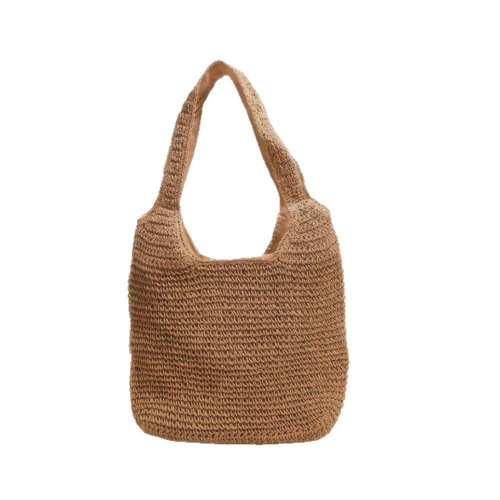 Versatile One Shoulder Straw Woven Bag Lazy Style Handmade Woven Bag Large Capacity Zipper Tote Bag Women's Vacation Beach Women's Bag