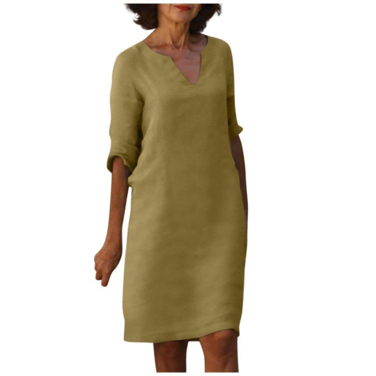 Retro High Waist V-Neck Cotton Linen Dress European American Style Solid Color Washed Wrinkled Fabric Three Quarter Sleeves